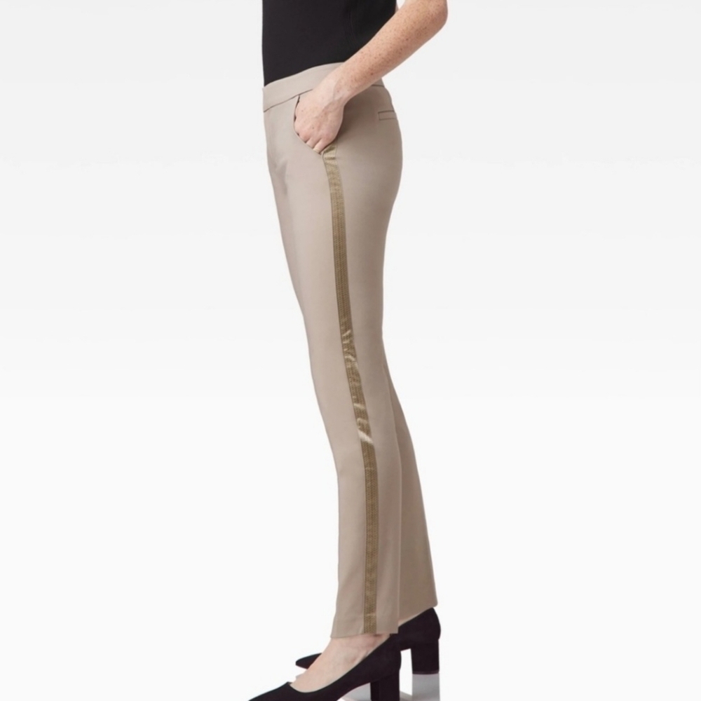 Ecru Women Tan Khaki Gold Metallic Tuxedo Stripe Ankle Pants Size 6 Slim Fit